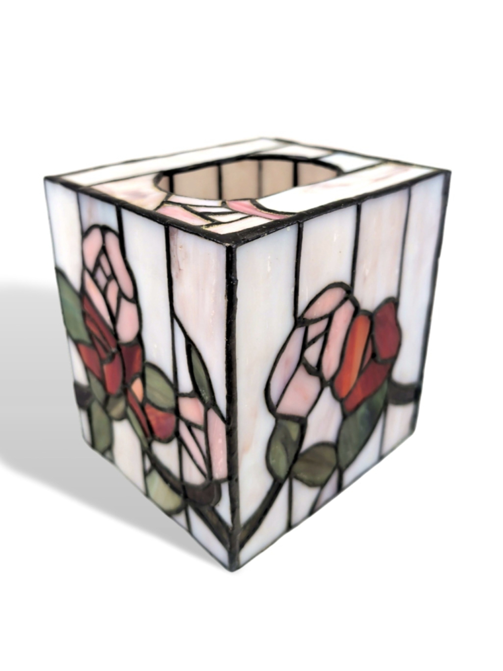 Stained glass floral rose square tissue box holder
